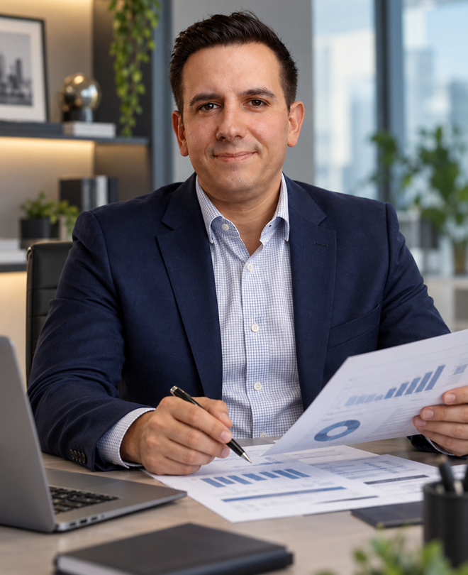 Profissional em um escritório com relatórios financeiros e notebook
