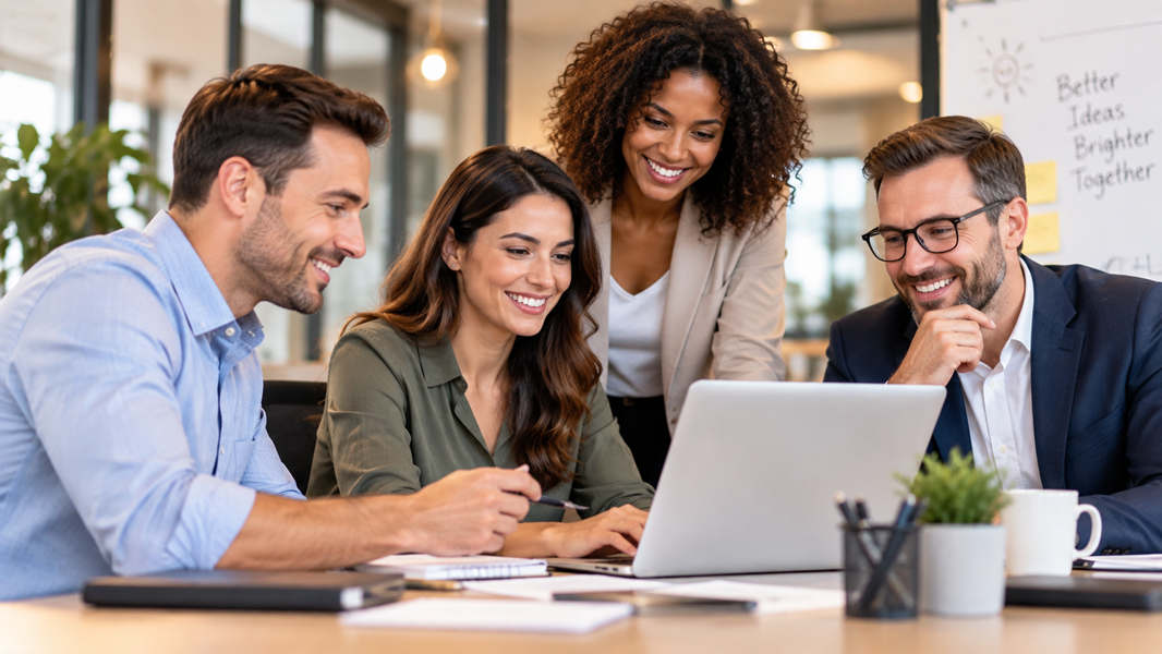 Equipe reunida em torno de um notebook no escritório